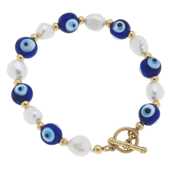 Canvas Jewelry CJ 22116B-BL Murano Glass Evil Eye & Freshwater Pearl T-Bar Talisman Bracelet in Blue & White