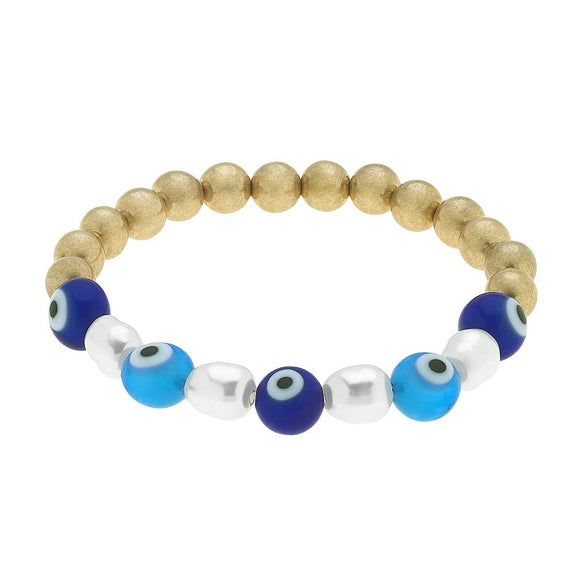 Canvas Jewelry CJ 22118B-GD-BL Murano Glass Evil Eye, Freshwater Pearl & Ball Bead Talisman Stretch Bracelet in Blue & White