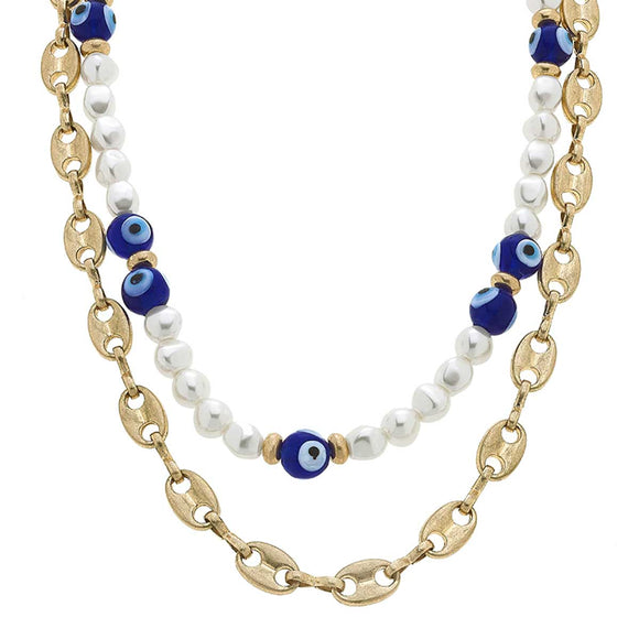Canvas Jewelry CJ 22128N-BL Murano Glass Evil Eye & Pearl Layered Talisman Necklace