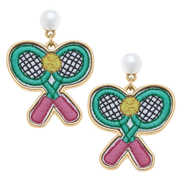 Canvas Jewelry CJ 23807E-GN Stuck on You Tennis Racket Patch Earrings in Green & Pink