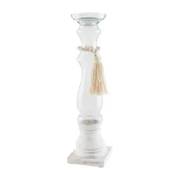 Mud Pie MP 40960047 Glass Wood Bead Candlestick - White Base with Tassel