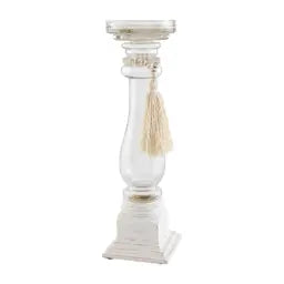 Mud Pie MP 40960047 Glass Wood Bead Candlestick - White Base with Tassel