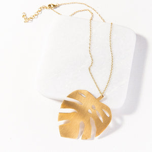 Ink + Alloy IA BRNK2002 Monstera Leaf Brass Necklace 16" 2.5"Pendant