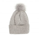 Joy Accessories JA G9873 Fine Rib Knit Grey Pom Pom Hat