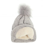 Joy Accessories JA G9873 Fine Rib Knit Grey Pom Pom Hat