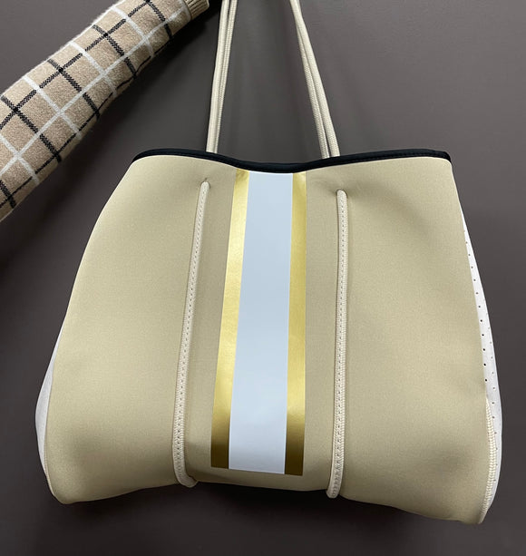 Queens Designs QD NB016BG Neoprene Tan Bag w/White Stripe