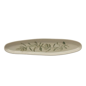Creative Co-Op CCOP DF6585 Oval Debossed Stoneware Tray with Botanical