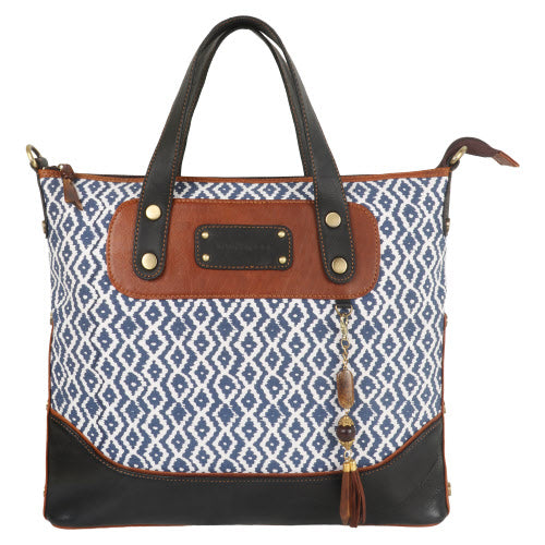 Vaan & Co VC WBN070 WOODBLOCK LARGE TOTE - MESSENGER SHOULDER BAG TOP HANDLE IN BLUE/WHITE DIAMOND
