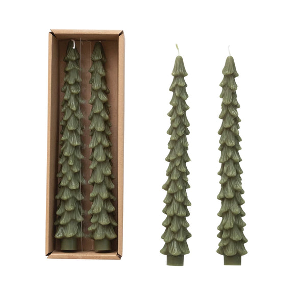 Creative Co-Op CCOP XS0425 Unscented Tree Shaped Taper Candles in Box - Darker Green -  Set of 2
